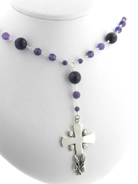 Sterling Silver and Amethyst Catholic Rosary Prayer Beads / Cross Necklace - Silver Insanity