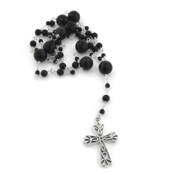 Sterling Silver and Black Onyx Catholic Rosary Prayer Beads / Cross Necklace - Silver Insanity