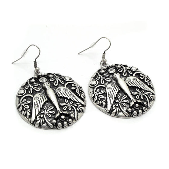 Dove of Peace Large Round Disc Silver-Tone Earrings - Silver Insanity