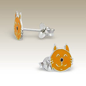 Orange Tabby Cat Face Sterling Silver Post Earrings - Tiny Child Studs - Silver Insanity