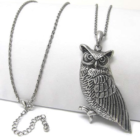 Guardian Owl Totem Antiqued Large Pendant with Long 30" Chain Necklace - Silver Insanity