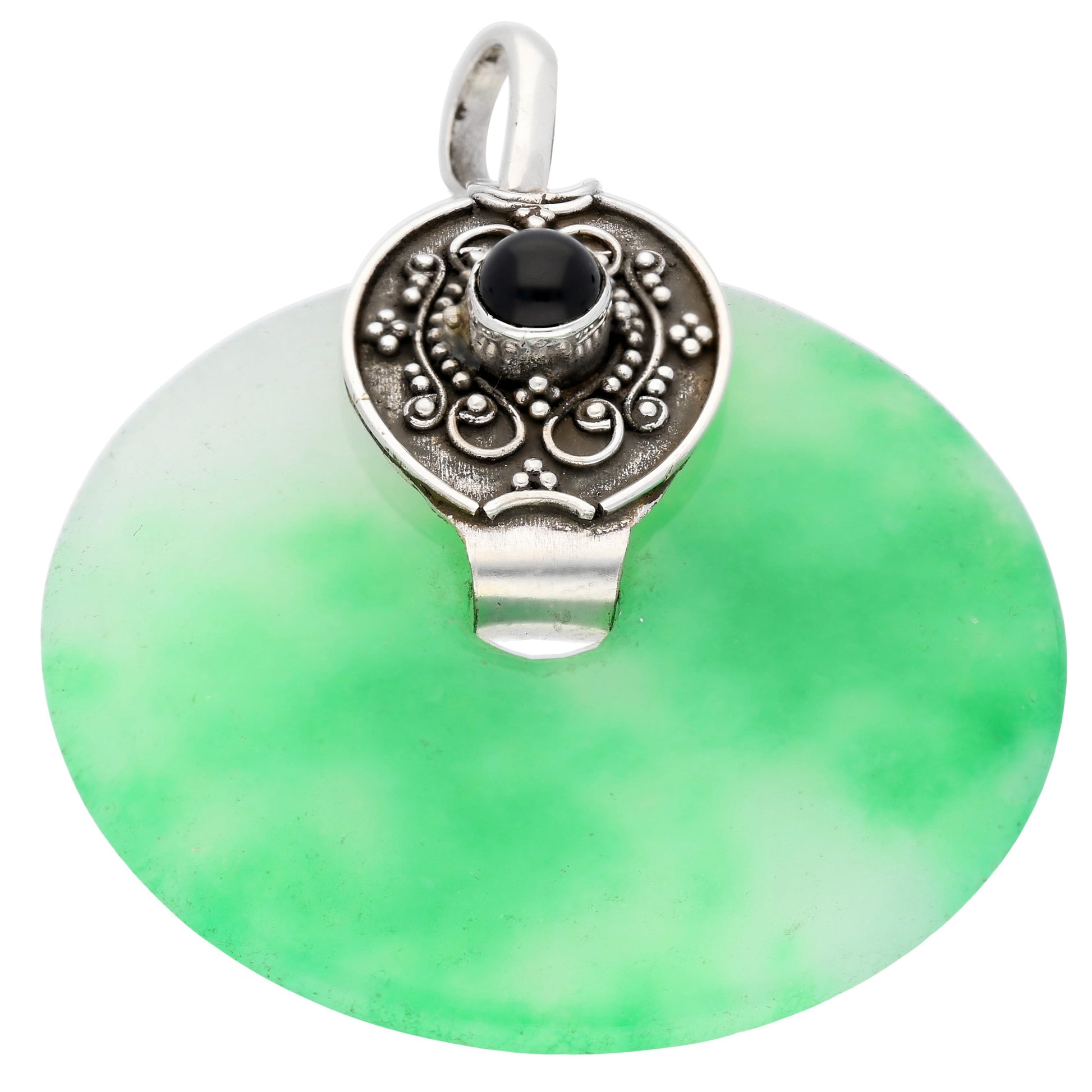 Huge Green Agate Disc Donut with Black Onyx Sterling Silver Bali Pendant - Silver Insanity