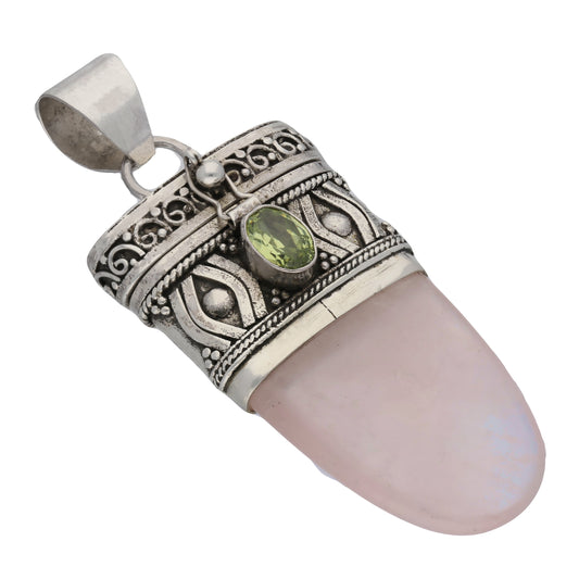 Handcrafted Sterling Silver Rose Quartz and Peridot Drop Poison Tongue Pendant - Silver Insanity