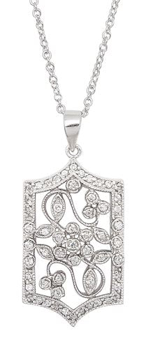 Victorian Style Open Flower Pave CZ Rhodium Sterling Silver Pendant 16" Necklace - Silver Insanity