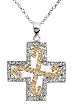 Sterling Silver 2-Tone Waved CZ Inlayed Cross Pendant 17" Necklace - Silver Insanity
