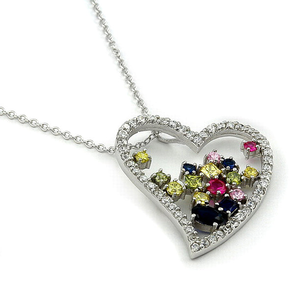 Sterling Silver Large Rainbow CZ Heart Pendant Necklace - Silver Insanity