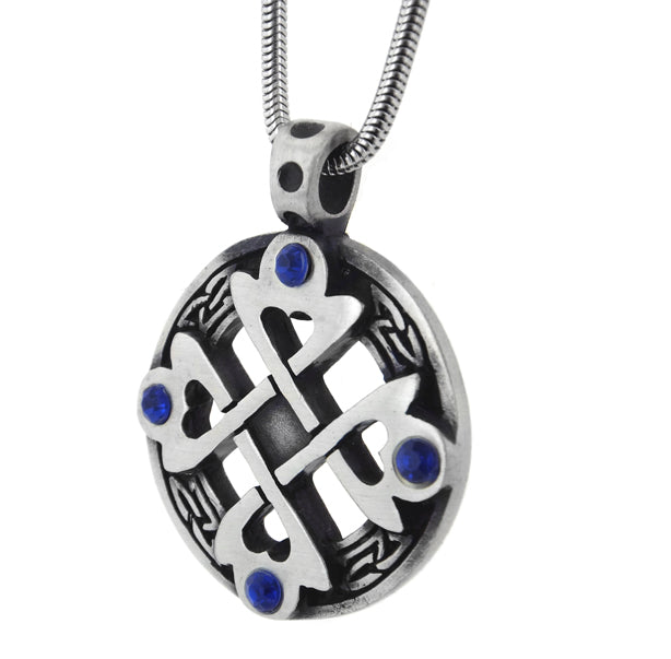 Celtic Cross Heart Blue Crystal Pendant Amulet 20" Snake Chain Necklace - Silver Insanity