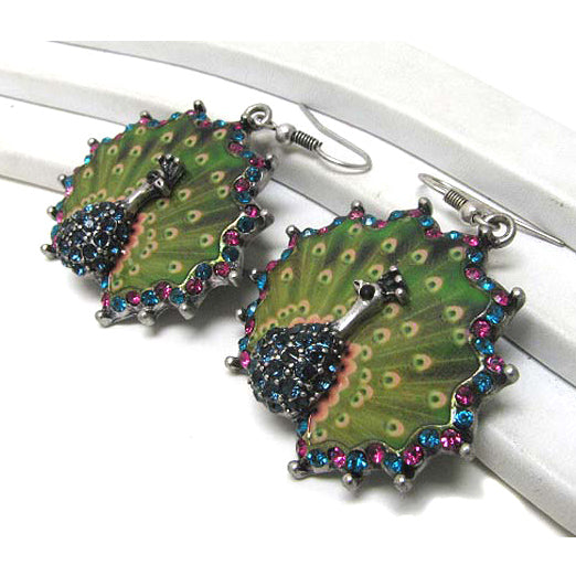 Vibrant Green Peacock Fantasy Crystal Silvertone Hook Earrings - Silver Insanity