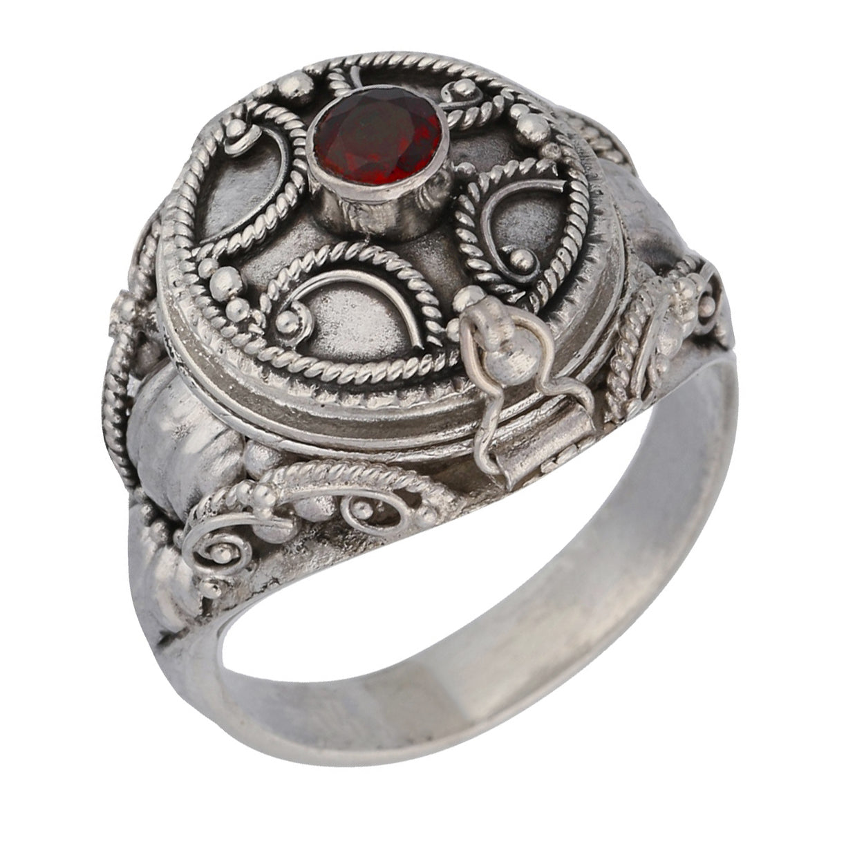 Medieval Ringed Cross Poison Locket Sterling Silver and Garnet Ring - Silver Insanity