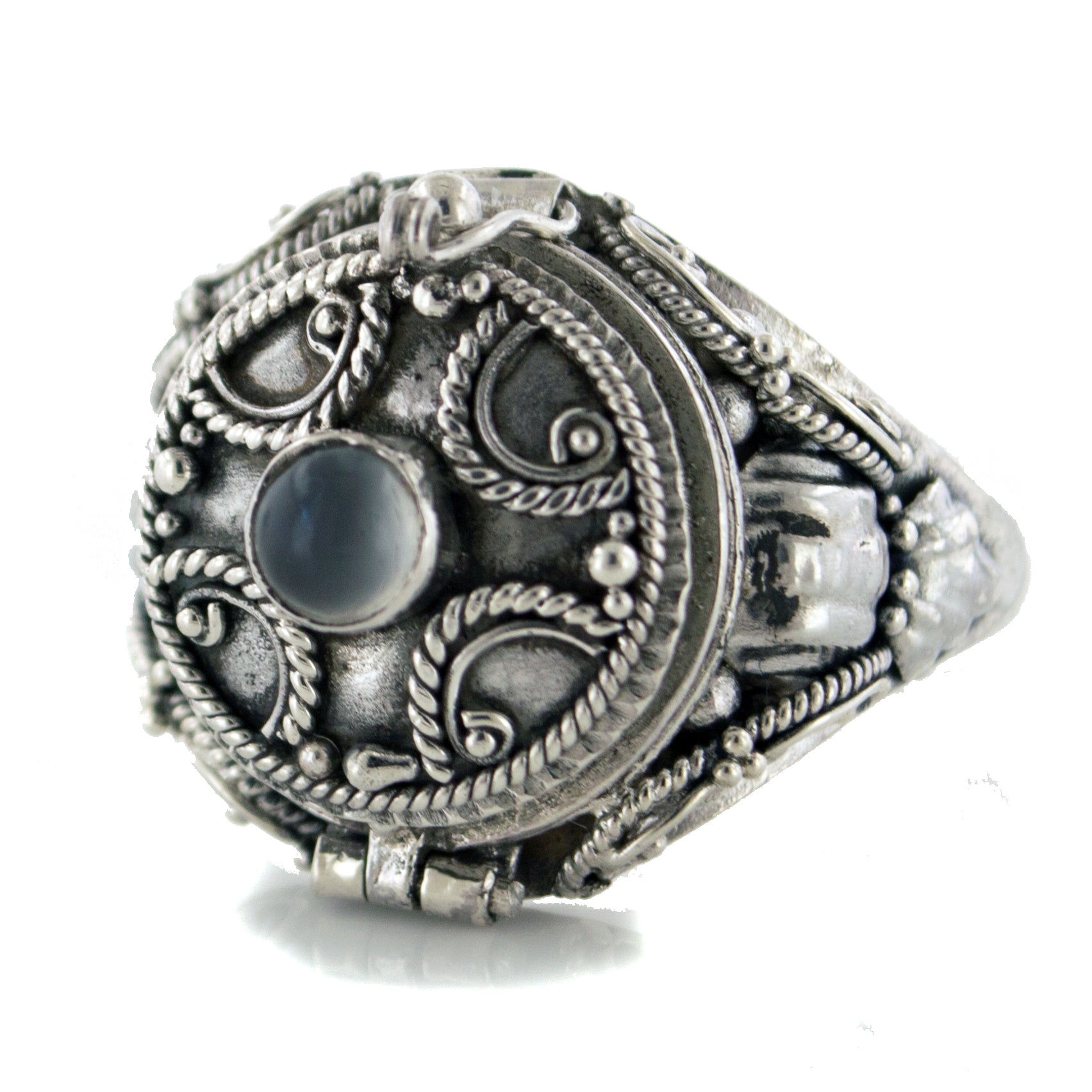 Medieval Ringed Cross Poison Locket Sterling Silver and Grey Moonstone Ring - Silver Insanity