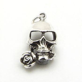 Tango Sterling Silver Gothic Spooky Skull with a Rose in his Teeth Charm Pendant - Silver Insanity
