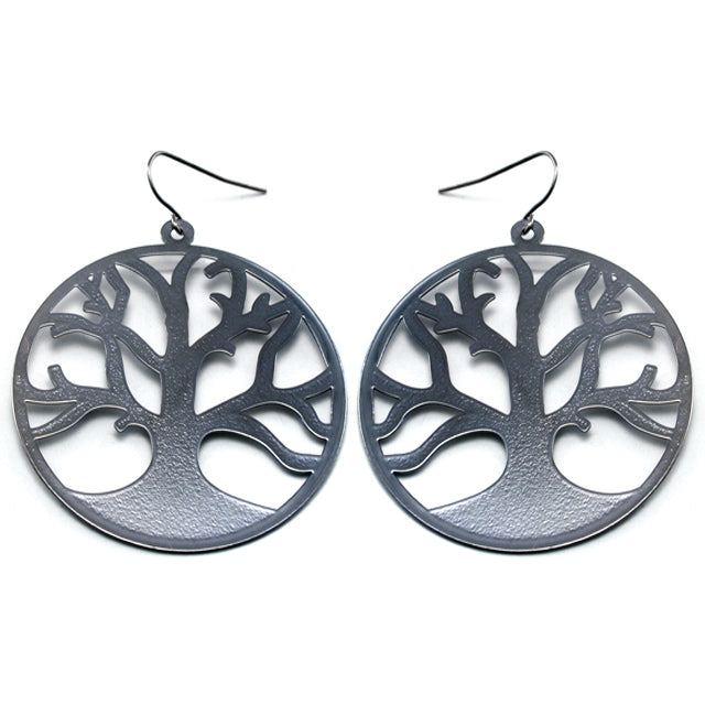 Bare Branches of Winter - Frosted Tree of Life Metal Disc Hook Earrings - Silver Insanity