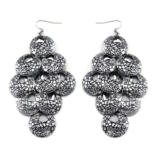 Gypsy Flower Dangling Etched Silvertone Metal Discs Hook Earrings - Silver Insanity