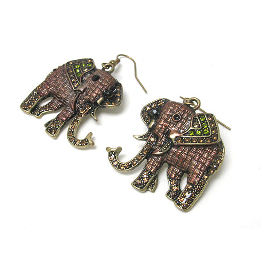 Quilted Indian Elephant with Crystal Antiqued Goldtone Hook Earrings - Silver Insanity