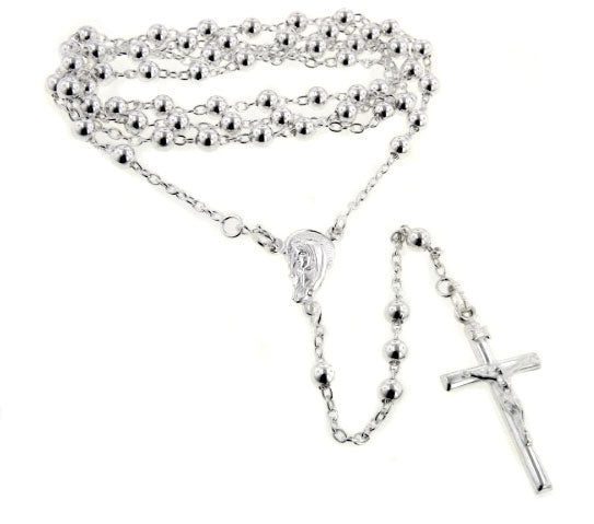 Catholic Sterling Silver Rosary Beads 24" Necklace with Crucifix - Silver Insanity