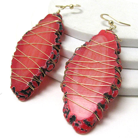 Red Agate Slabs Wire Wrapped Goldtone Hook Earrings - Silver Insanity