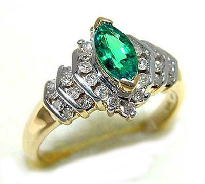 3/4ct Marquise Cut Lab Emerald and Genuine Diamond 10K Yellow Gold Ring Size 7 - Silver Insanity