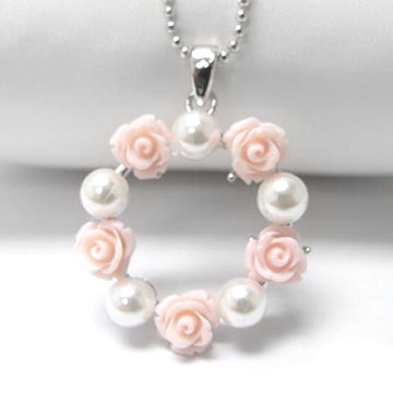 Pink Rose and Pearl Wreath Pendant White Gold Plated Necklace 16" - Silver Insanity