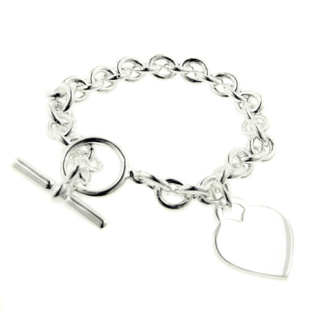 Heavy Sterling Silver Rolo Heart Tag Charm Toggle Bracelet - 7" - Silver Insanity