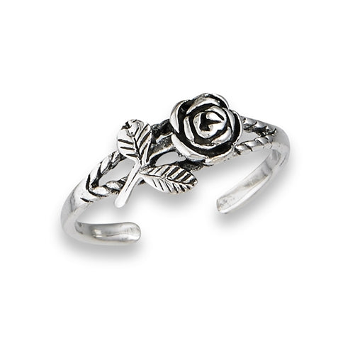 Rose Flower and Leaves Antiqued Sterling Silver Pinky Band Toe Ring