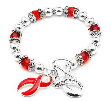 AIDS Awareness Ribbon Red Stretch Heart Toggle Bracelet - Silver Insanity
