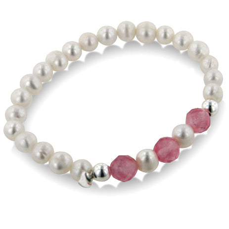 Pearl and Pink Crystal Sterling Silver Stretch Bracelet - Silver Insanity