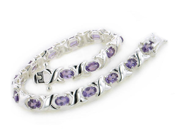 Sterling Silver Elegant X Link and Genuine Oval Amethyst Bracelet - 7.5" - Silver Insanity