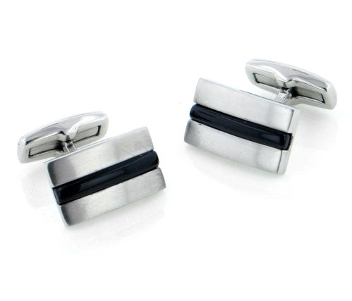 Black Stripe Curved Rectangular Swivel Back Brushed Stainless Steel Cufflinks - Silver Insanity