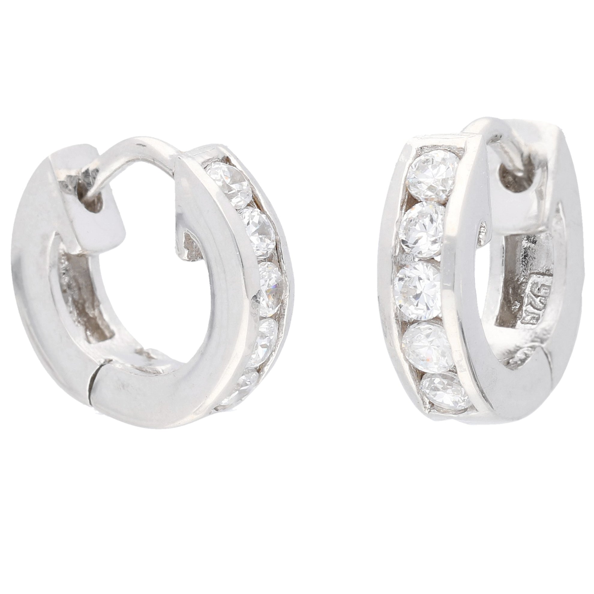 thumbnail image 2 of Tsv Jewelers Small Round Iced CZ Huggie Hoop Earrings – White Gold Plated Sterling Silver, 8mm 2 of 5