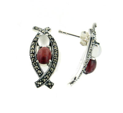 Sterling Silver Garnet, Moonstone, and Marcasite Curved Post Earrings - Silver Insanity