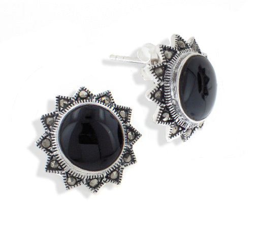 Sterling Silver Sun Earrings with Marcasite and Black Onyx - Silver Insanity