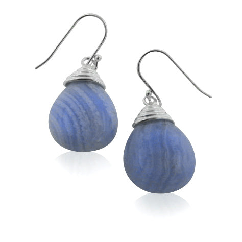 Spiral Capped Genuine Blue Lace Agate Sterling Silver Hook Earrings - Silver Insanity