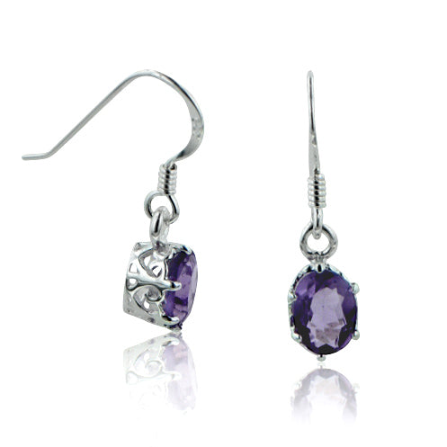 Genuine Amethyst Filigree Basket Small Sterling Silver Hook Earrings - Silver Insanity