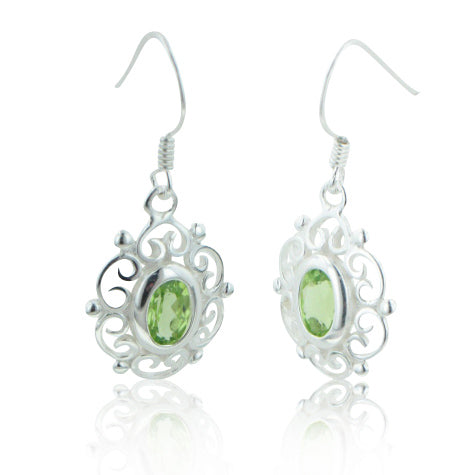 Sterling Silver Filigree Framed Oval Genuine Green Peridot Earrings - Silver Insanity