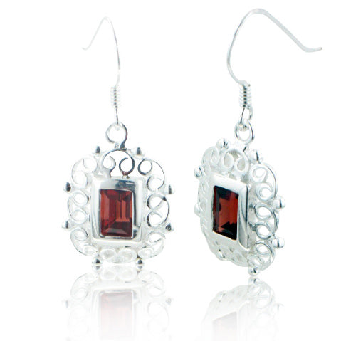 Sterling Silver Filigree Framed Deep Red Genuine Garnet Earrings - Silver Insanity