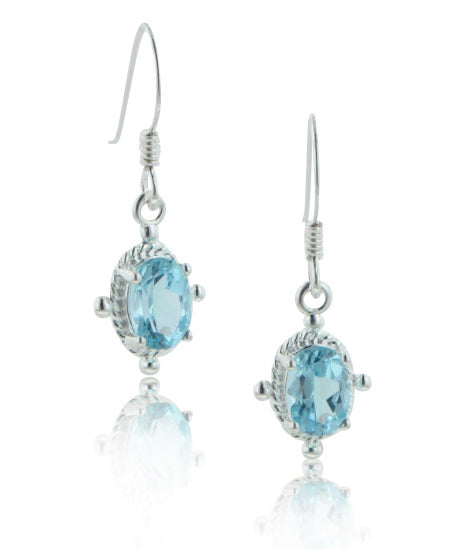 Small Genuine Oval Sky Blue Topaz Sterling Silver Hook Earrings - Silver Insanity