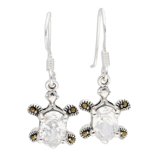 Petite Sterling Silver Turtle Earrings with CZ and Marcasites - Silver Insanity