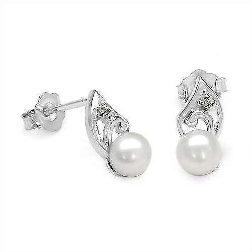 Genuine Pearl & CZ Gemstone Rhodium Plated Sterling Silver Post Stud Earrings - Silver Insanity