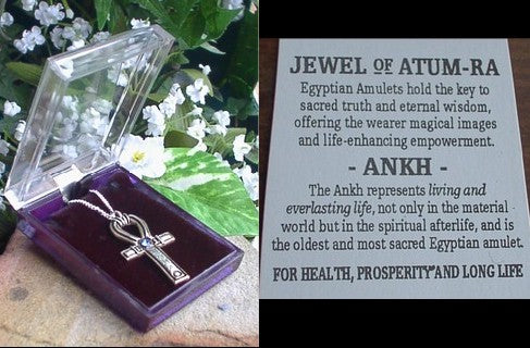 Silver-Tone Pewter Egyptian Ankh with Blue Crystal Pendant Necklace - Silver Insanity