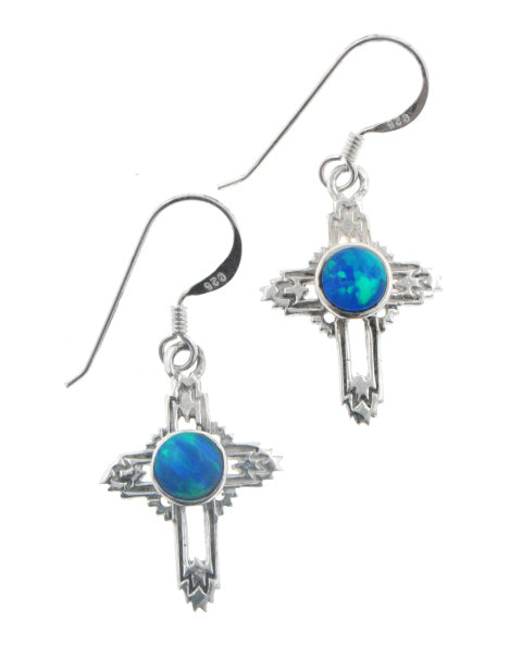 Southwestern Sterling Silver Simulated Blue Opal Cross Hook Earrings - Silver Insanity