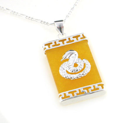 Cobra Snake on Genuine Yellow Jade Sterling Silver Pendant 24" Necklace - Silver Insanity