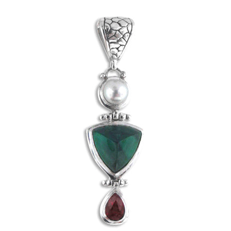 Malachite, Pearl, Garnet Dangle Sterling Silver Pendant - Silver Insanity