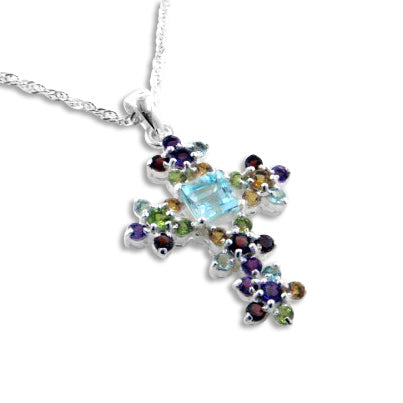 Natural Gemstone Flower Cross Necklace Sterling Silver - Silver Insanity