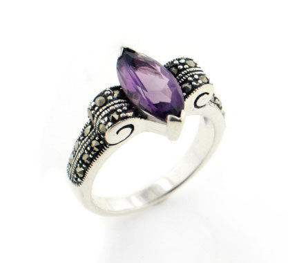 Genuine Marquise Amethyst and Marcasite Deco Swirl Sterling Silver Ring - Silver Insanity