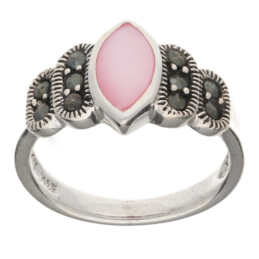 Sterling Silver Marquise Pink Shell Mother of Pearl and Marcasite Ring - Silver Insanity