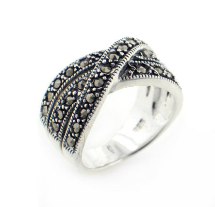 Crossover 11mm Wide Marcasite Sterling Silver X Band Ring - Silver Insanity