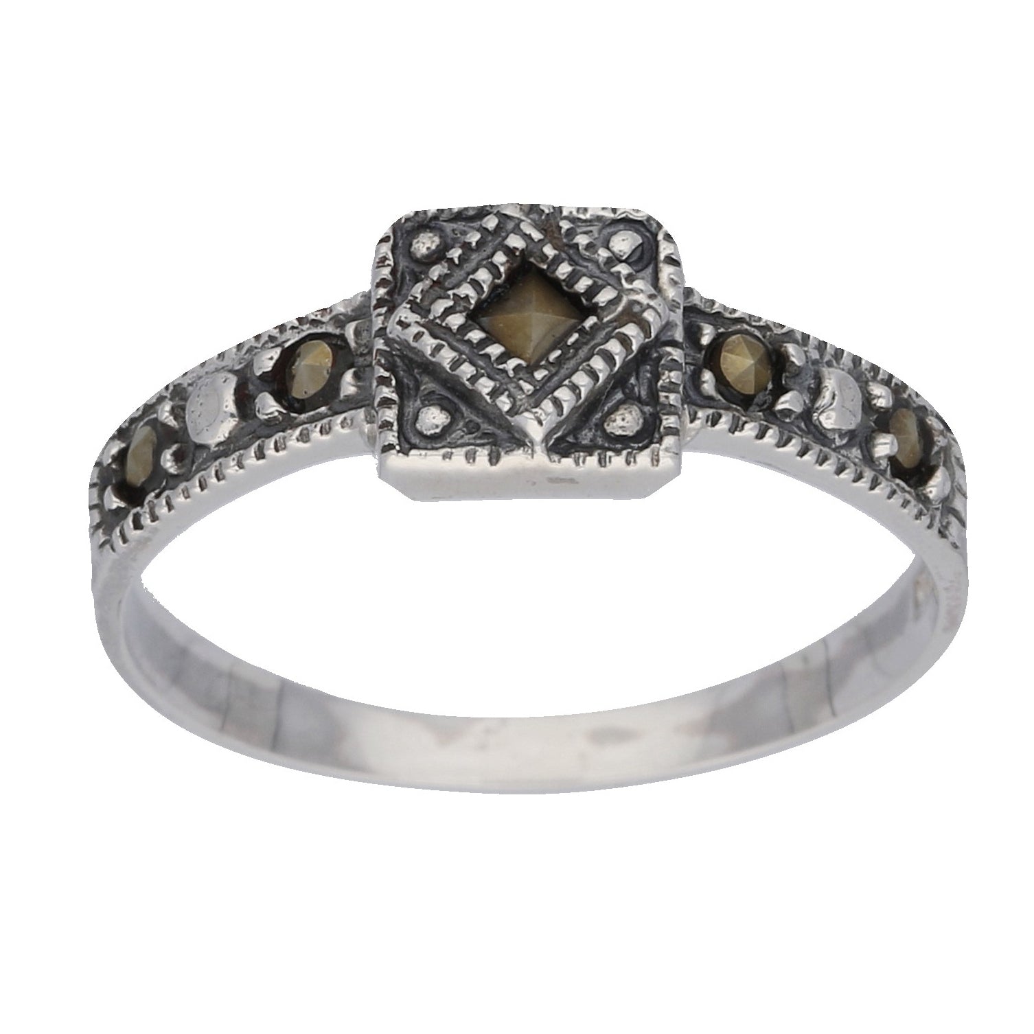 Petite Light Weight Square Sterling Silver Marcasite Ring - Silver Insanity