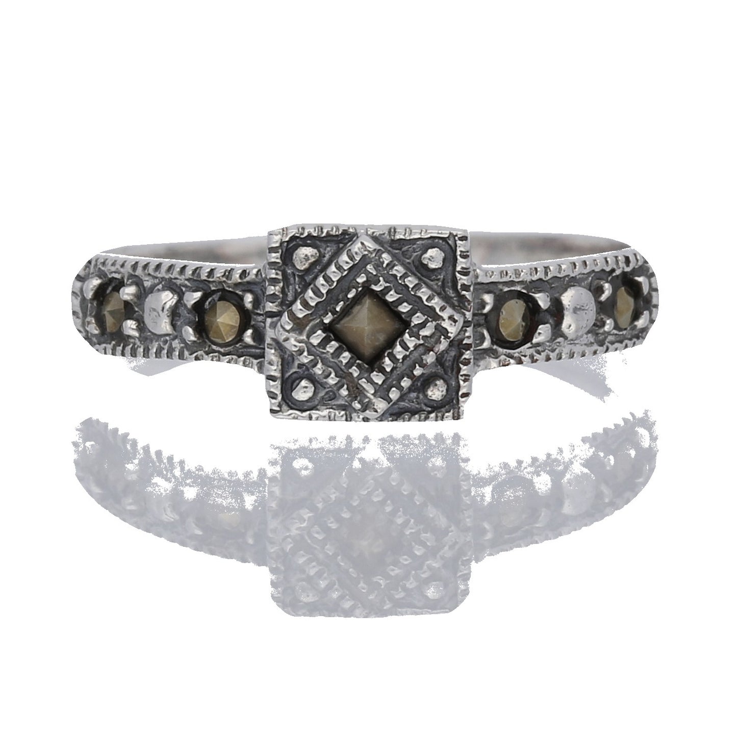 Petite Light Weight Square Sterling Silver Marcasite Ring - Silver Insanity