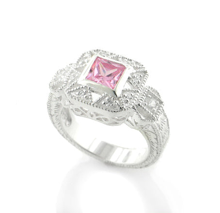 Square Princess Cut Pink Ice and White CZ Sterling Silver Promise Ring - Silver Insanity