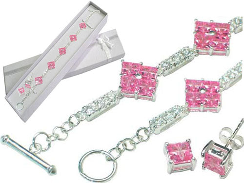 Sterling Silver Pink and White CZ Bracelet Earrings Set - Silver Insanity